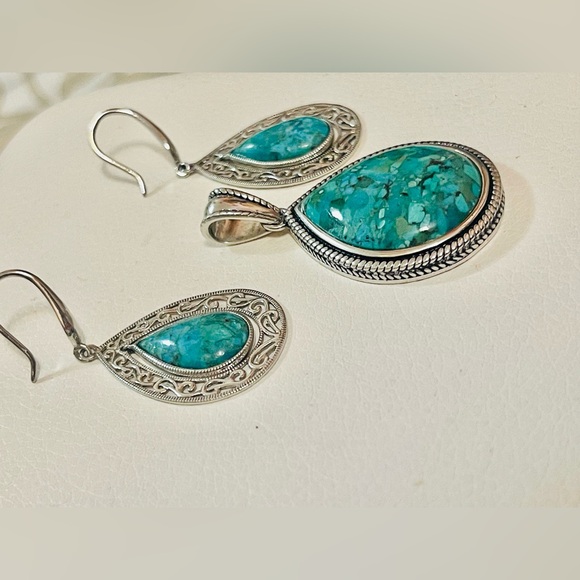 Vintage ATI .925 Barse Thailand STERLING & Turquoise Earring and Pendant Set - Picture 2 of 11